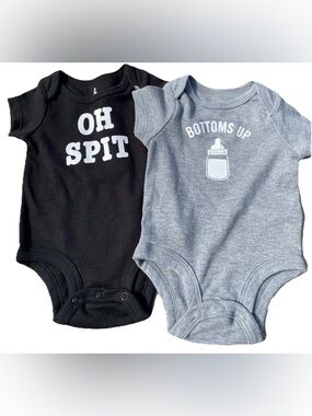 Lullaby Lane 0-3 Months Funny Bodysuit Set Black Gray 'OH SPIT' 'BOTTOMS UP'